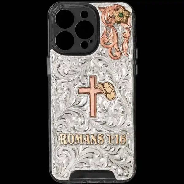 "The perfect addition for any cowboy or cowgirl. Our High Chaparral Custom Phone Case features a hand-engraved German Silver plate securely attached to the phone case. This design showcases a stunning three-tone metal combination, with a Copper Weste